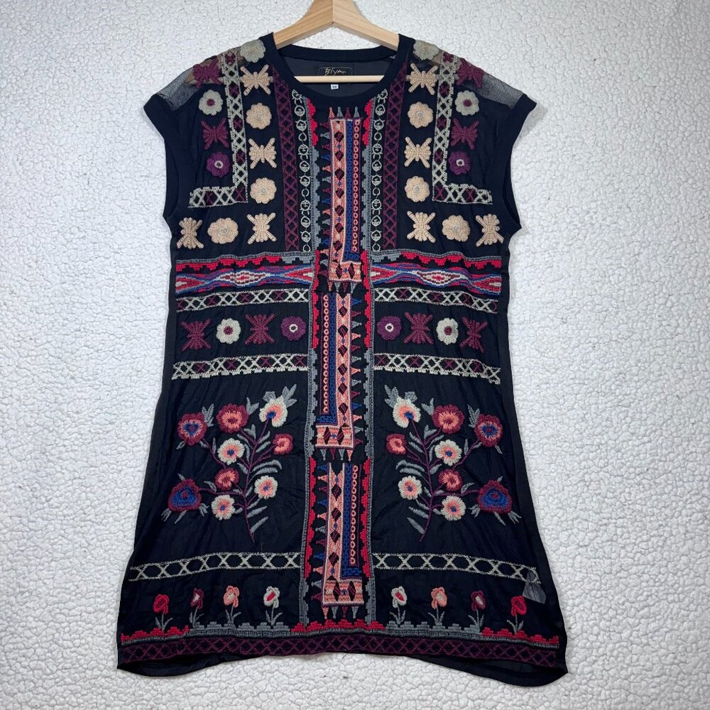 BIYA Johnny Was Lovisa Mesh Embroidered Floral Tunic Mini Dress Sz Medium Boho